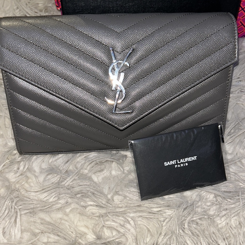 YSL Saint Laurent Asphalt Large V Flip  Wallet on Chain Silver Hardware